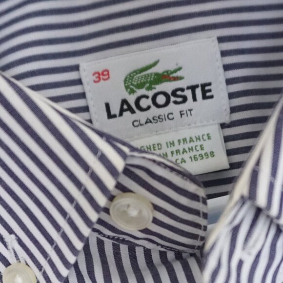 Lacoste Gray White Pinstripe Classic Fit Cotton Button Down Dress Shirt Size 39 - Picture 3 of 8